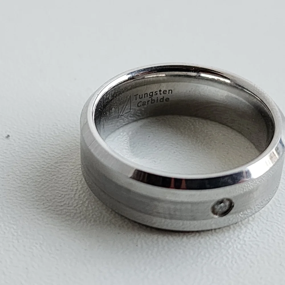 Tungsten Carbide 1 Stone Ring Comfort Brushed Silver MEN Wedding Band Sz 10